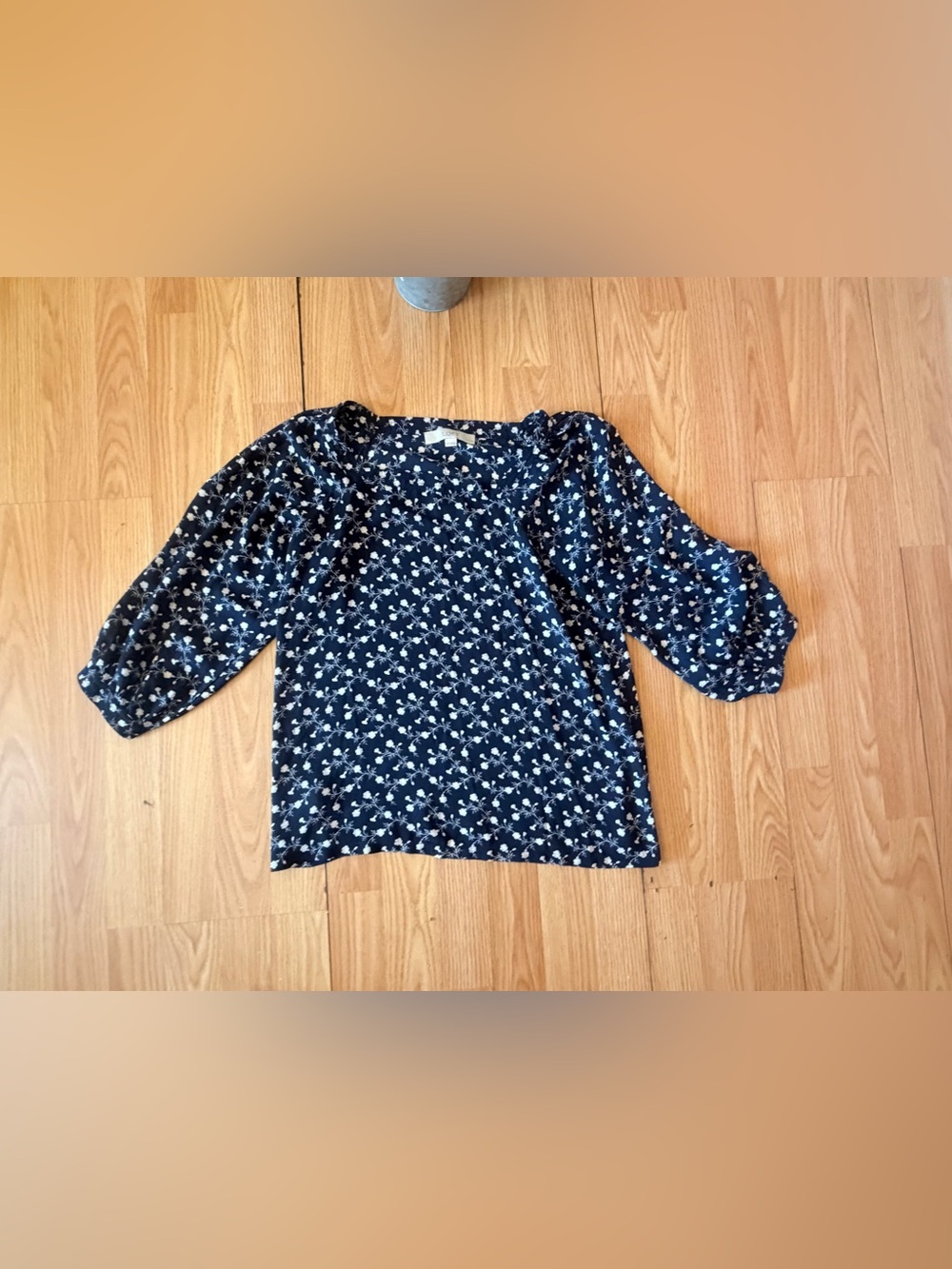LOFT Women's Blue with floral Print Round Neck 3/4 Puff Sleeve Blouse Top Sz XSP